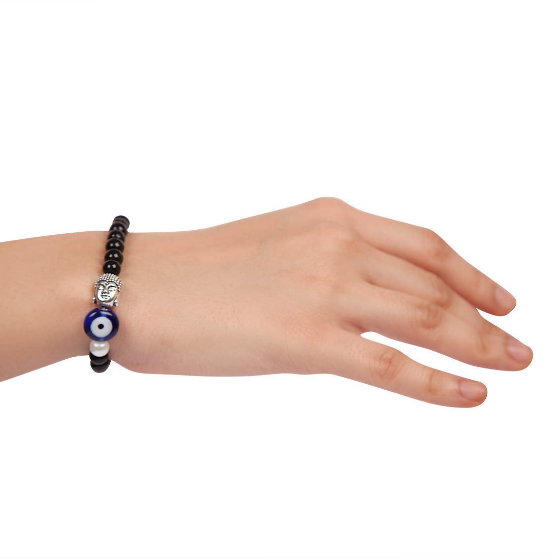The Bling Stores Men's And Women's Beads Bracelet with Evil Eye Stone/Buddha/Lava Stone Beautiful Stainless Steel Glass with Blue Sapphire Combo Evil Eye Bracelets (Black) - Image 5