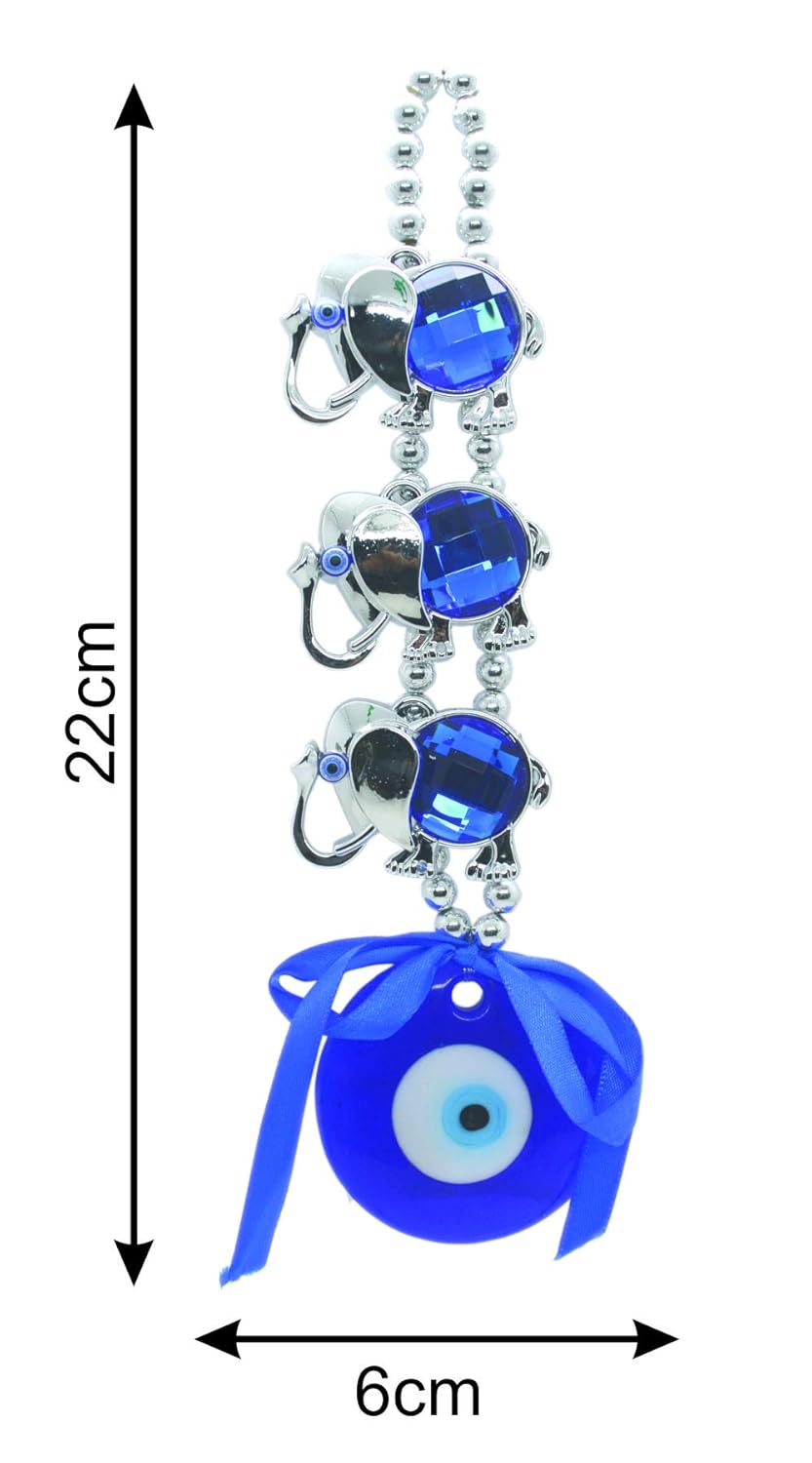 Saubhagya Global Fengshui Set of 1 Blue Three Elephant Evil Eye Hanging for Car & Door/Office, Medium Size, Height-22cm - Image 7