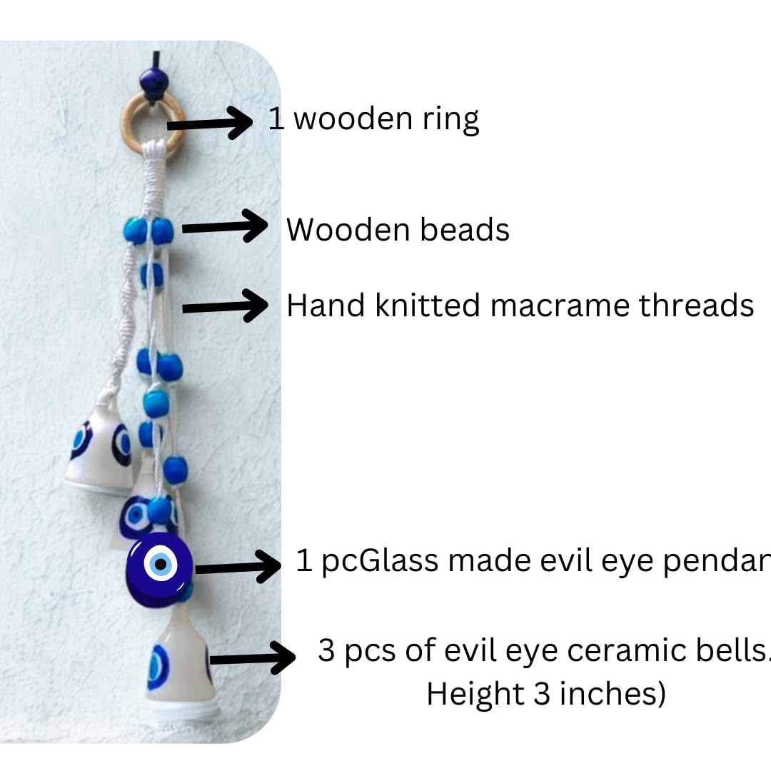 Shopping Shots Macrame Symphony Chimes | 3 Evil Eye (mini) Bells (Height 3 inches) & 1 Glass Made Evil Eye Pendant Tied with Macrame Threads and Colorful Beads. Ceramic Hook Included to Hang Chime. - Image 6