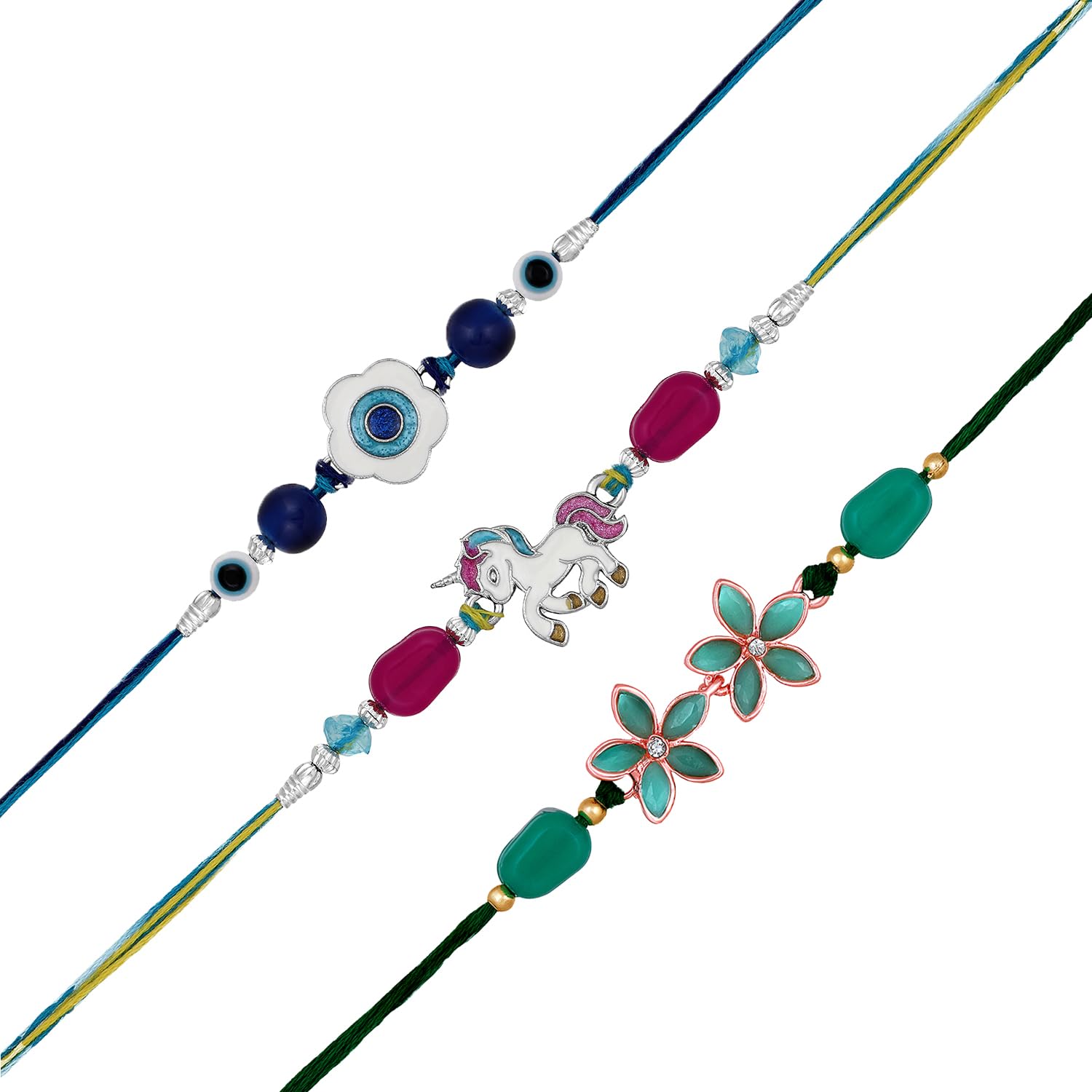 Mahi Combo of Evil Eye, Unicorn Shaped Floral Rakhi's with Meenakari Work and Crystals(RCO1105556M) - Image 4