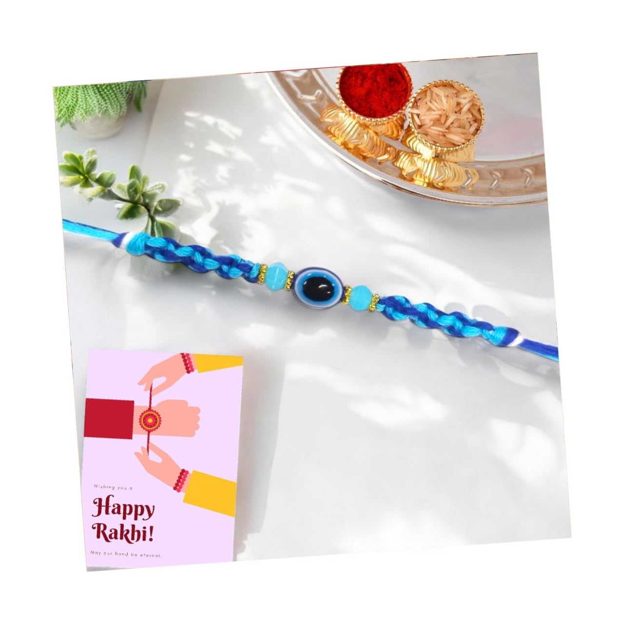 Blue Thread Evil Eye Rakhi Bracelet – Handmade Traditional Raksha Bandhan Gift Set with Roli, Chawal & Greeting Card | Protective Black Beaded Rakhi for Brother (Traditional, 1, Count) - Image 2