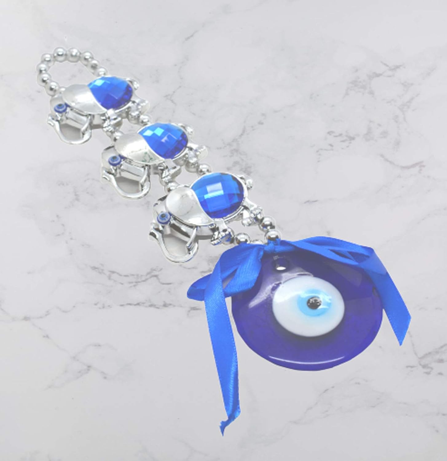 Saubhagya Global Fengshui Set of 1 Blue Three Elephant Evil Eye Hanging for Car & Door/Office, Medium Size, Height-22cm - Image 5