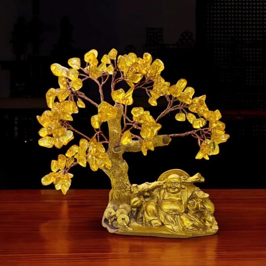 Home & Decor Artificial Tree Turkish Blue Evil Eyes Money Fortune Tree Protection Good Luck Gift Lucky Tree Amulet Table Centerpiece Ornament for Home Office Decor (Laughing Buddha Gold) - Image 2