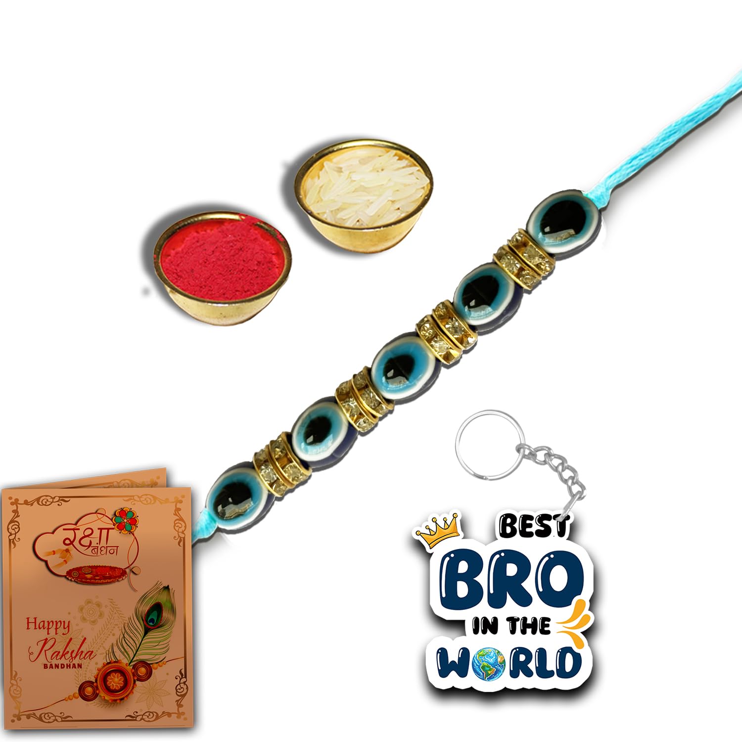 AWANI TRENDS Evil Eye Designer Pearl Rakhi Best Bro Ever keychain with roli chawal Pack - rakhi for Brother, Bhaiya, Bhai - Image 2