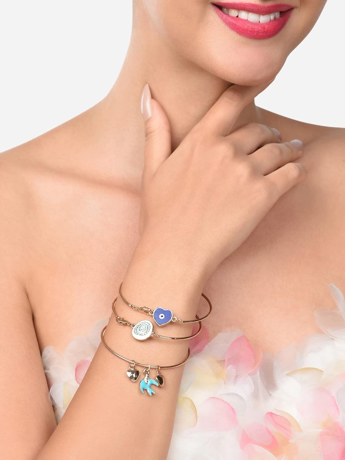 ZAVERI PEARLS Set of 3 Blue & White Enamel Contemporary Evil Eye Stack Bracelets For Women-ZPFK14634 - Image 4