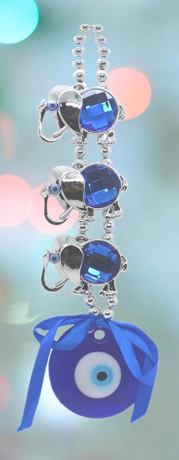 Saubhagya Global Fengshui Set of 1 Blue Three Elephant Evil Eye Hanging for Car & Door/Office, Medium Size, Height-22cm - Image 6