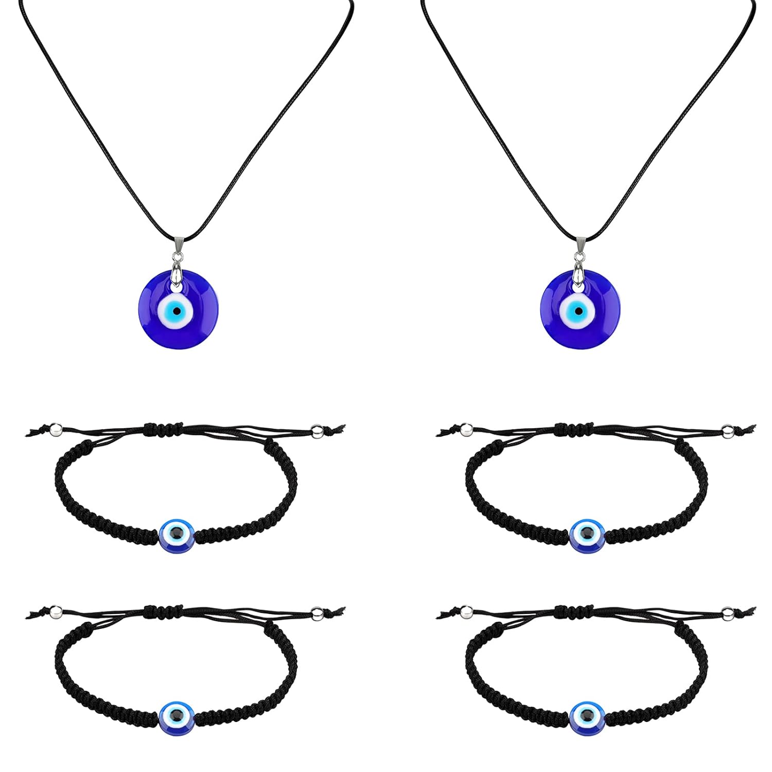 AIEX 4pcs Evil Eye Bracelets & 2pcs Necklaces, Nylon Handmade Turkish Evil Eye Bracelet Adjustable Good Luck Jewelry for Women Men Girls Boys (Black, Blue) - Image 2