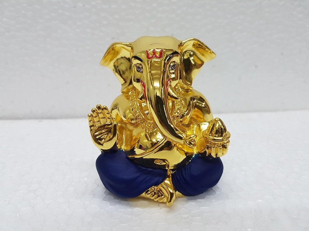 Gold Art India Ganesh Idol for Car Dashboard Ganesha Murti Ganpati Idol for Home Decor Puja Lord Ganesh Statue Gift for Office Desk Puja Room Figurine, 4.5X4X3Cm, Gold Dark Blue, 1 Piece - Image 3