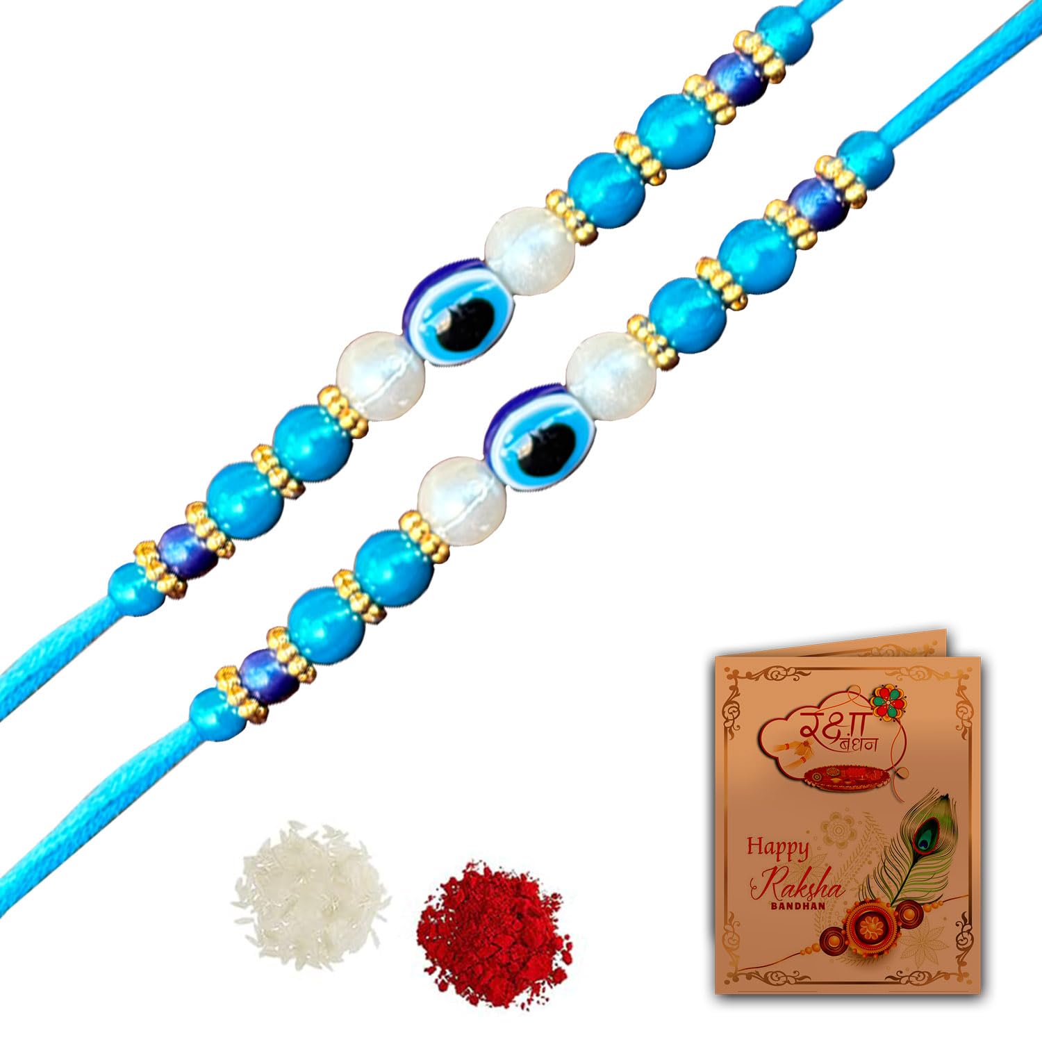 AWANI TRENDS Evil Eye Rakhi Combo With Roli chawal and Rakshabandhan Greeting card For Men (2EV) Set of 2 Rakhis - Image 2