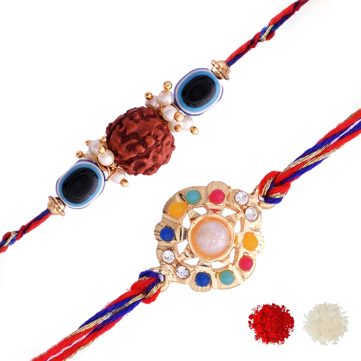 VOYLLA Set Of 2 Colorful Stones And Rudraksha Evil Eye Rakhi|Rakhi For Brother| - Image 2