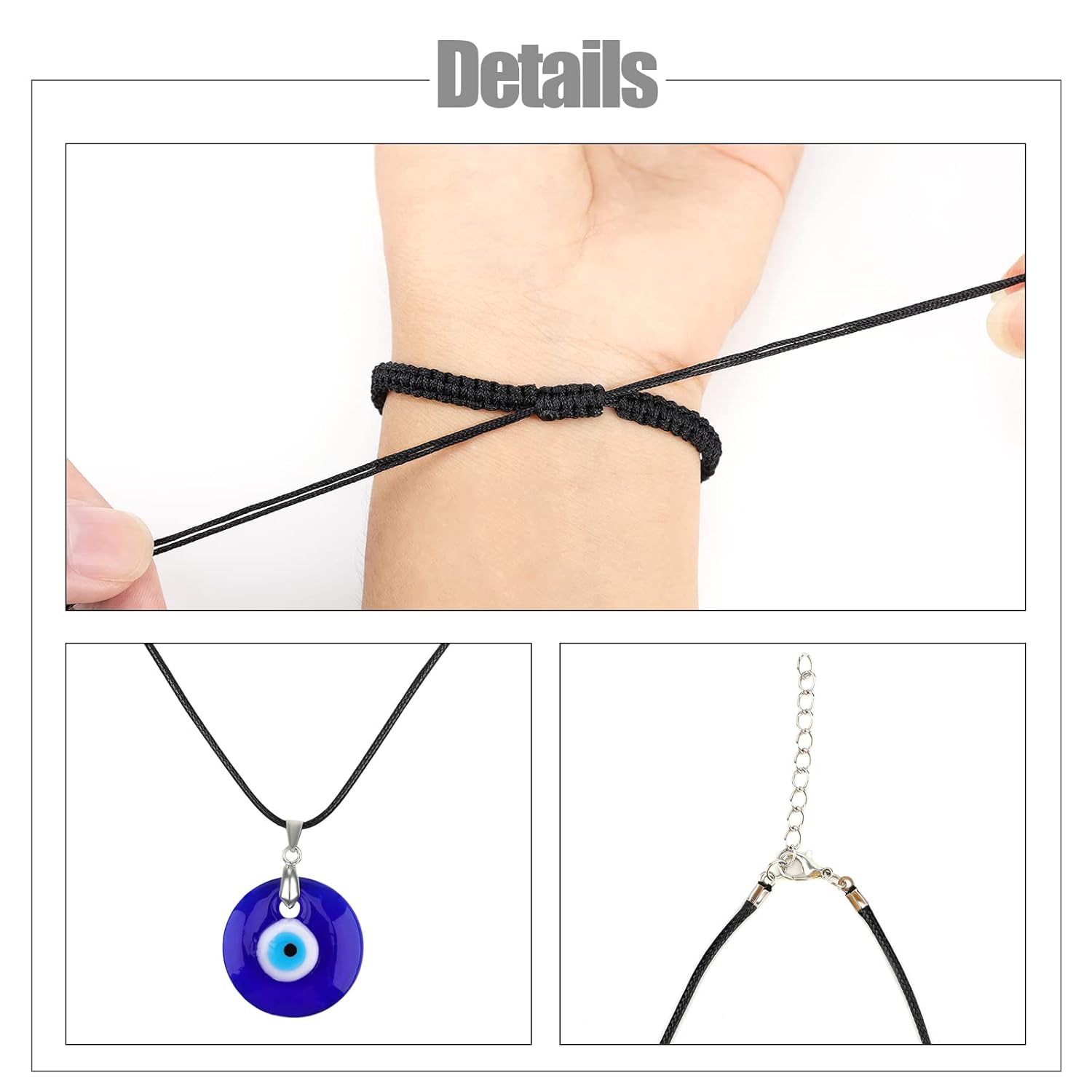 AIEX 4pcs Evil Eye Bracelets & 2pcs Necklaces, Nylon Handmade Turkish Evil Eye Bracelet Adjustable Good Luck Jewelry for Women Men Girls Boys (Black, Blue) - Image 4