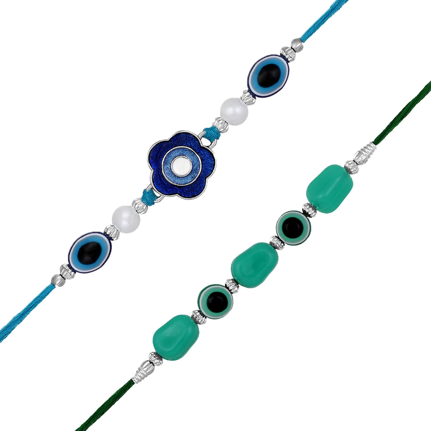 Mahi Rhodium Plated Combo of 2 Evil Eye Rakhi's with Meenakari Work and Beads for Bhaiya (RCO1105551R) - Image 2