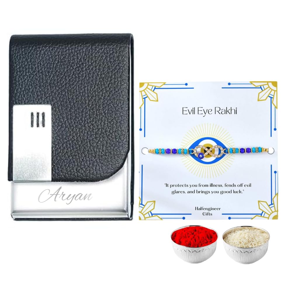 Half Engineer Infinite Evil Eye Rakhi with Personalised Card Holder For Rakshabandhan Gifting|Rakhi Brother Bhai Bro - Stanless Steel and Leather Card Holder - Image 2