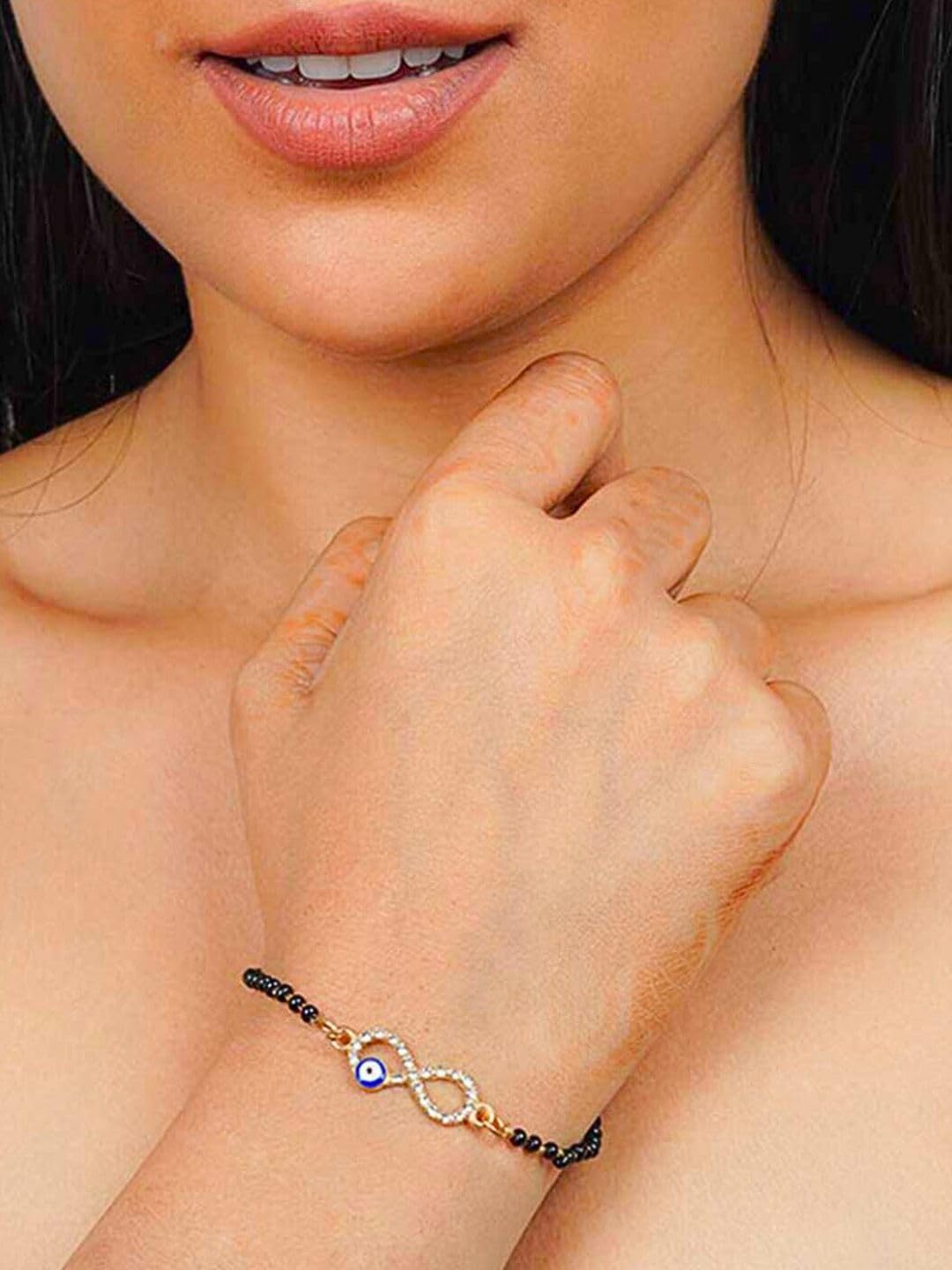 TipsyCloset Mangalsutra Bracalet Gold-Plated Evil Eye Hand Mangalsutra Bracelet for Women Girls Gold Stainless Steel Elegant Look Stylish Trending Bold Classy Bracelet - Image 3
