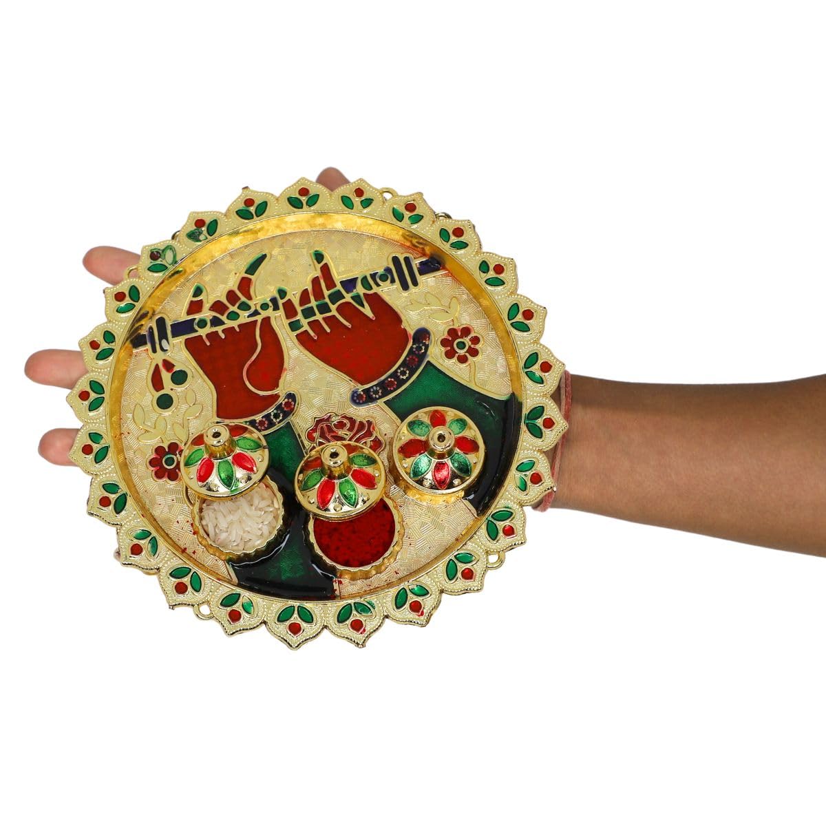JWELLA Evil Eye Rakhi with Quirky Raksha Bandhan Card, Roli kumkum Chawal & Decorative Pooja Thali (18cm) | Rakhi Combo with Fun Card - Image 7