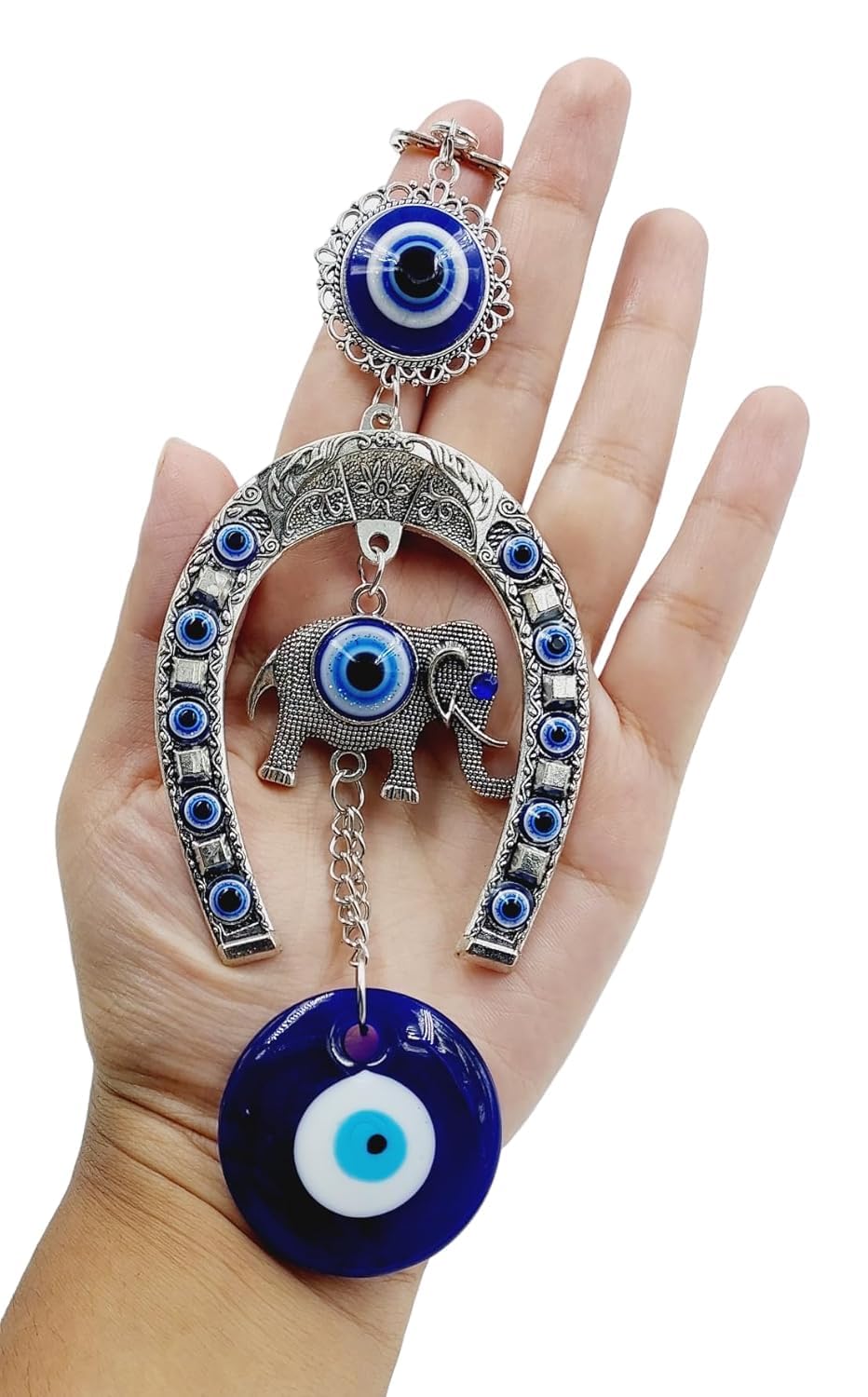 AN'S Turkish Evil Eye Wall Hanging, Silver Horseshoe with Elephant Charm, Blue Glass Evil Eye Amulet, Traditional Home Decor - Image 4