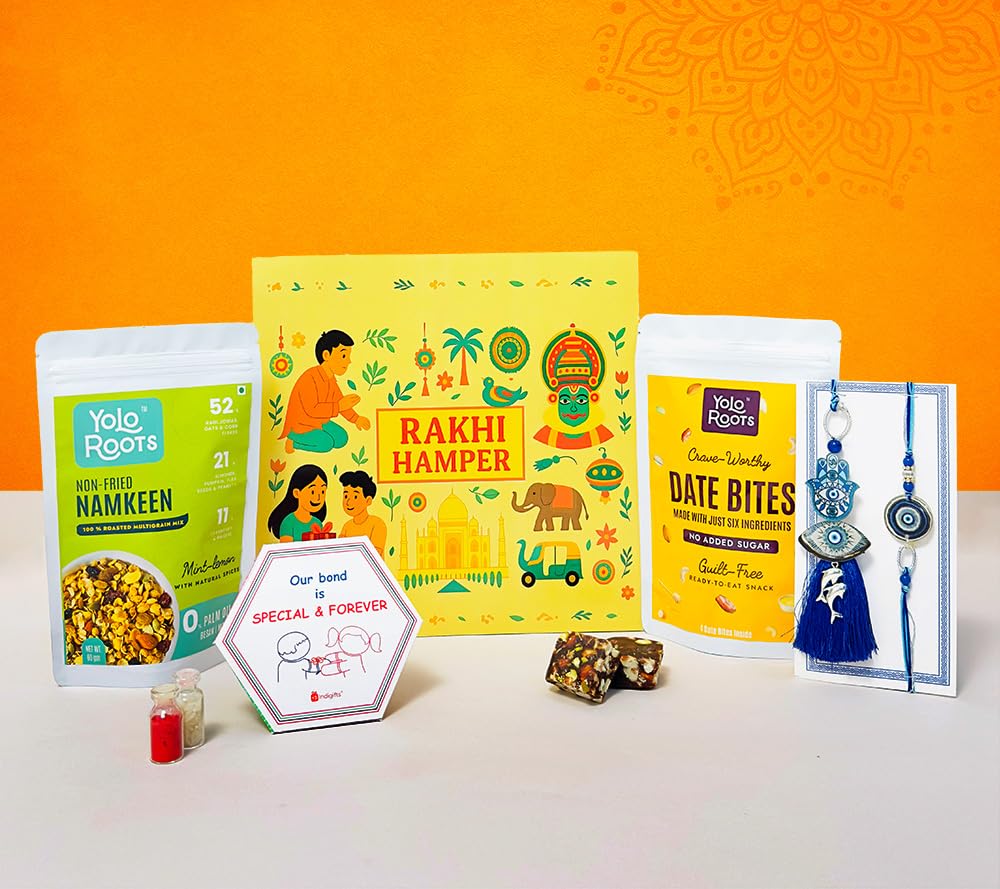 Yolo Roots 6 - Item Rakhi Gift Hamper For Bhayia and Bhabhi - Evil Eye Rakhi & Eval Eye Bracelet & Game Card, Date Bites & Roased Multigrain Namkeen - Image 4