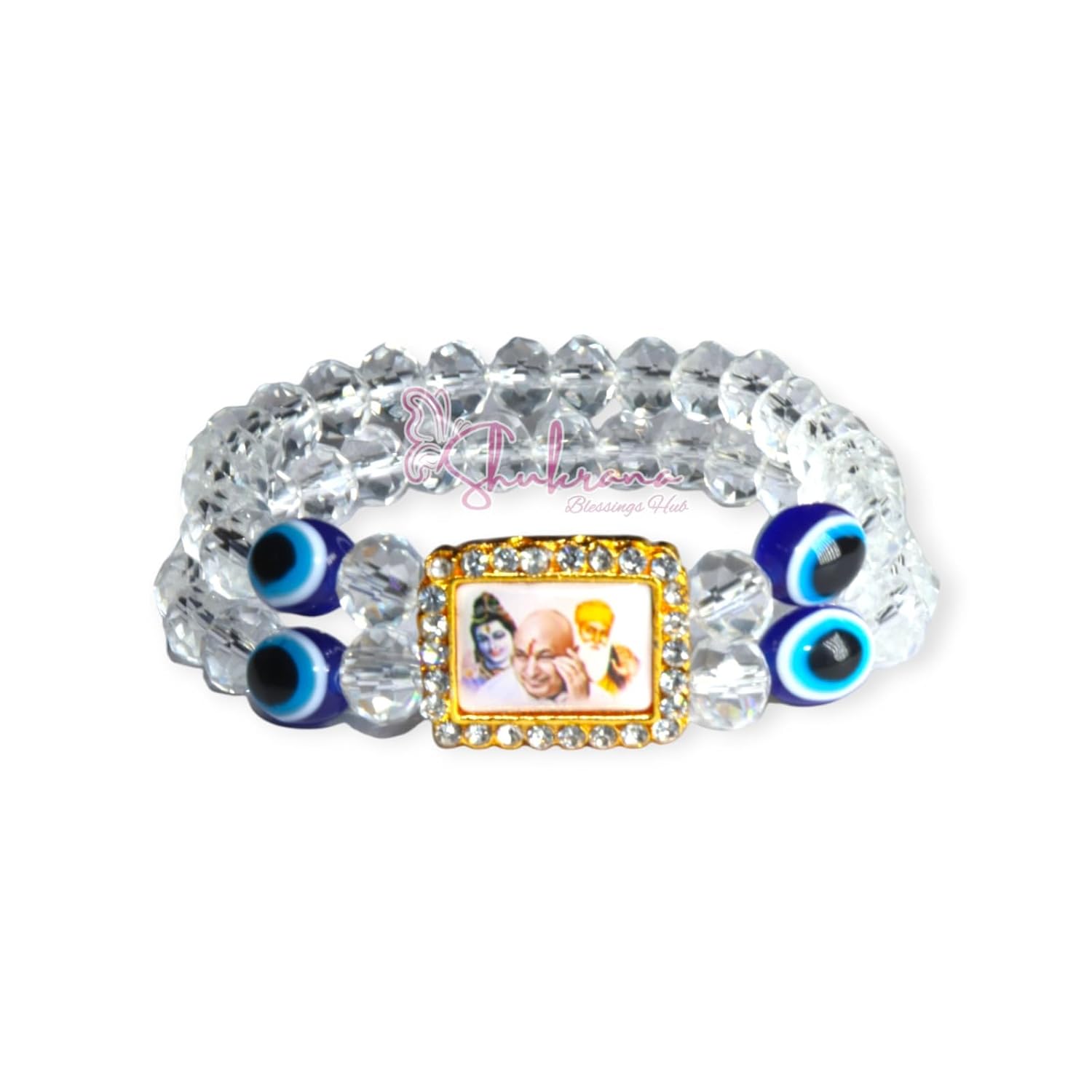 Jai Guru ji Bracelet Evil Eye Bracelet with Religious Charm, Clear Crystals and Blue Evil Eye Crystal Beads, e (Evil-White) - Image 4