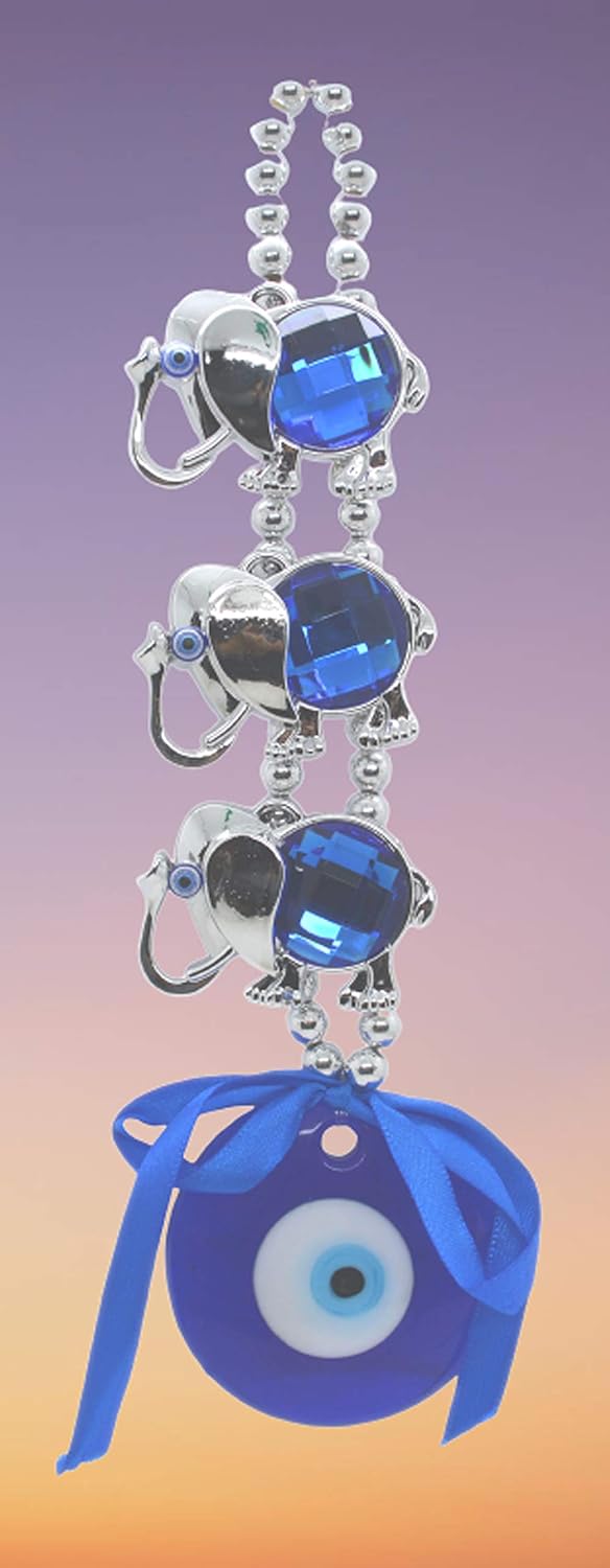 Saubhagya Global Fengshui Set of 1 Blue Three Elephant Evil Eye Hanging for Car & Door/Office, Medium Size, Height-22cm - Image 4