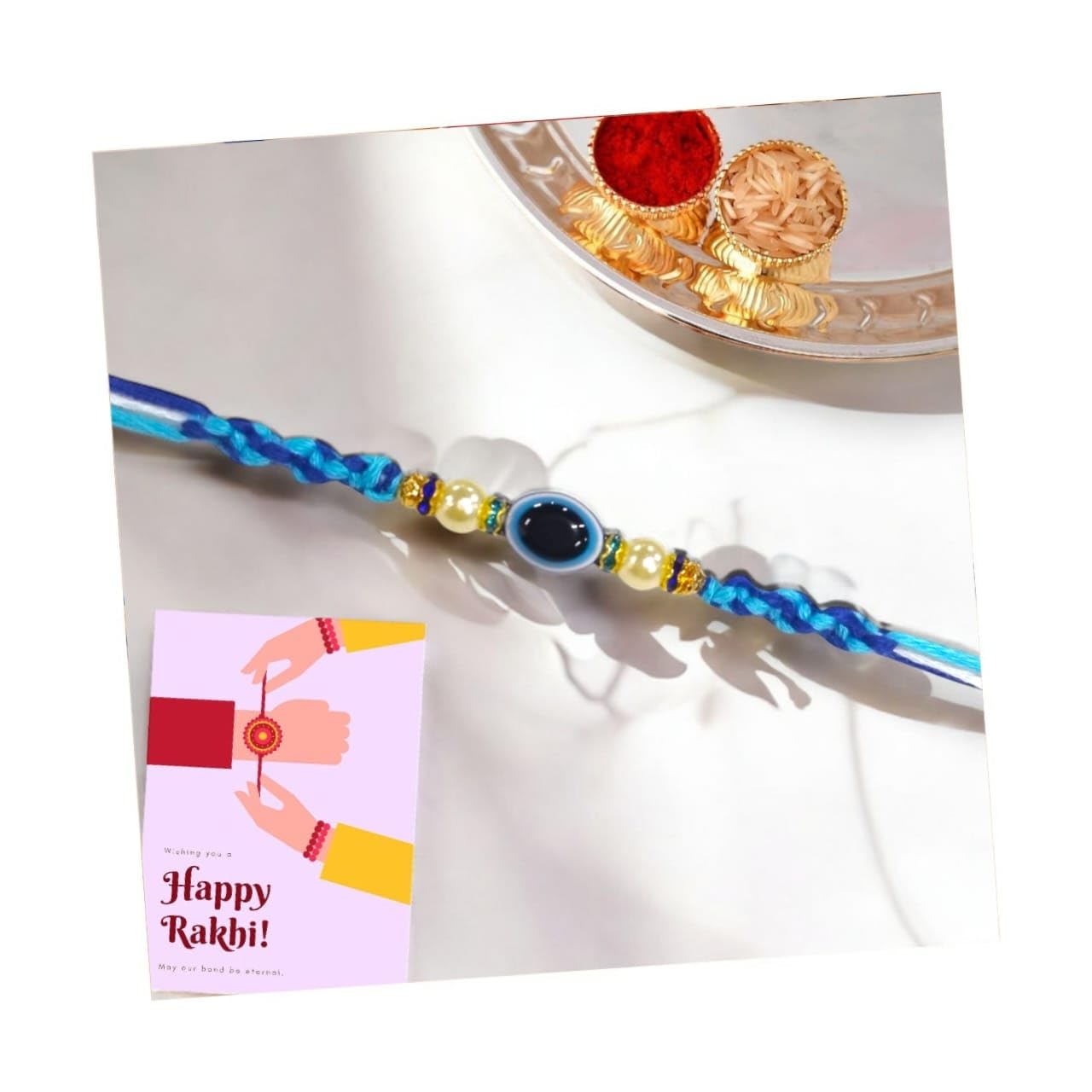 Blue Thread Evil Eye Rakhi Bracelet – Traditional Handmade Raksha Bandhan Gift Set with Roli, Chawal & Greeting Card | Protective Beaded Rakhi for Brother (Traditional, 1, Count) - Image 2