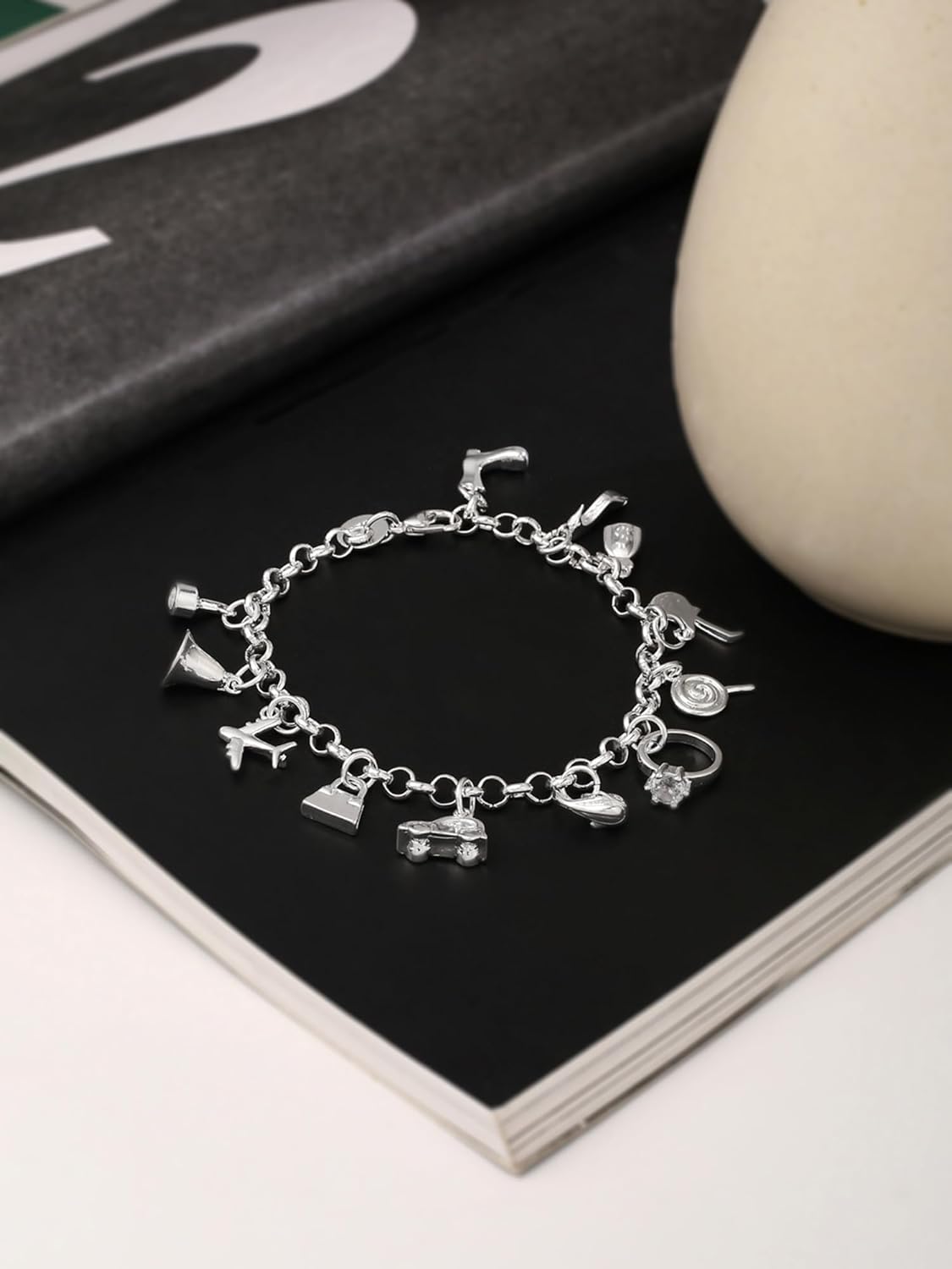 Yellow Chimes Vistelle Bracelet For Women And Girls Fashion Silver Color Charm Chain Bracelets | Muti Shaped Charms Silver Tones Style Bracelet | Birthday And Anniversary Gift - Image 3
