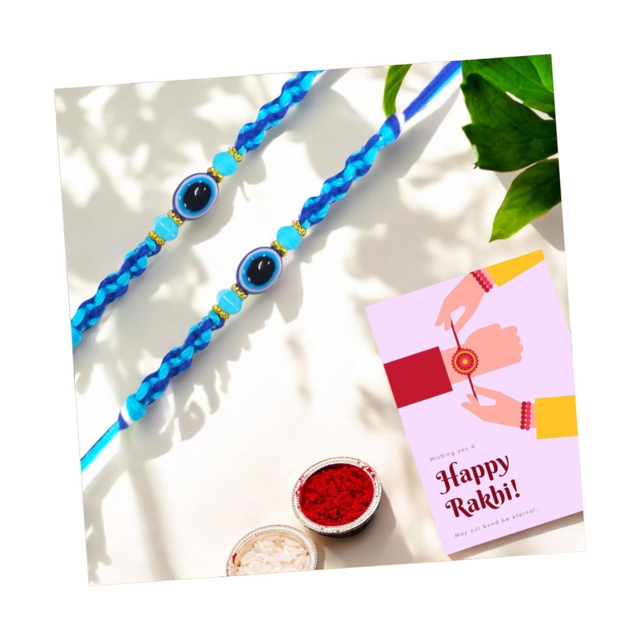 Blue Thread Evil Eye Rakhi Bracelet – Handmade Traditional Raksha Bandhan Gift Set with Roli, Chawal & Greeting Card | Protective Black Beaded Rakhi for Brother (Traditional, 2, Count) - Image 2