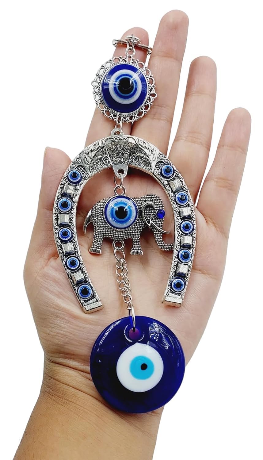 AN'S Turkish Evil Eye Wall Hanging, Silver Horseshoe with Elephant Charm, Blue Glass Evil Eye Amulet, Traditional Home Decor - Image 2
