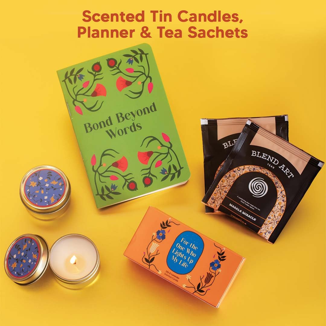 14- Item Jute Tray Rakhi Gift for Bhaiya Bhabhi – Sustainable Gift Hamper with Evil-Eye Rakhi & Bracelet – Dry-Fruit Chocolate Laddoos, Chocolate Coated Nuts, Scented Candles & Planner & more - Image 8