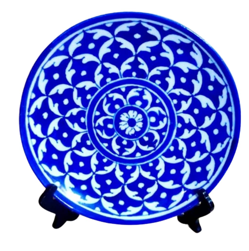 Potterywalaz Blue Pottery Wall Decor Hanging Geometrical Design Handmade Plate 10 Inch (PTN13) (Blue) - Image 3