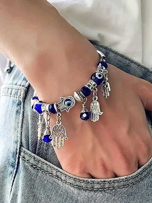 Evil Eye and Hamsa Hand Charm Bracelet Set, Adjustable Bangle with Blue Crystal Accents, Silver Tone For Women & girls Pack of 2 - Image 5