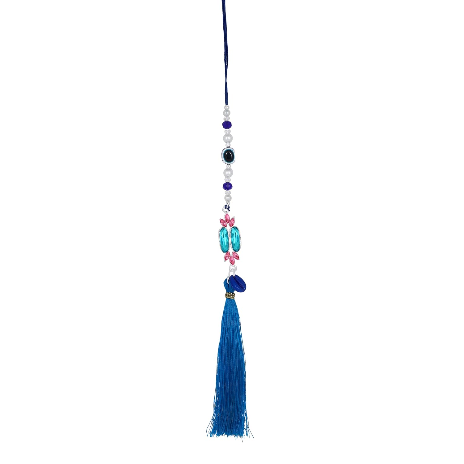 Mahi Rhodium Plated Simple and Classic Blue Crystals and Evil Eye Lumba Tassel Rakhi for Bhabhi (RAL1100801R) - Image 3