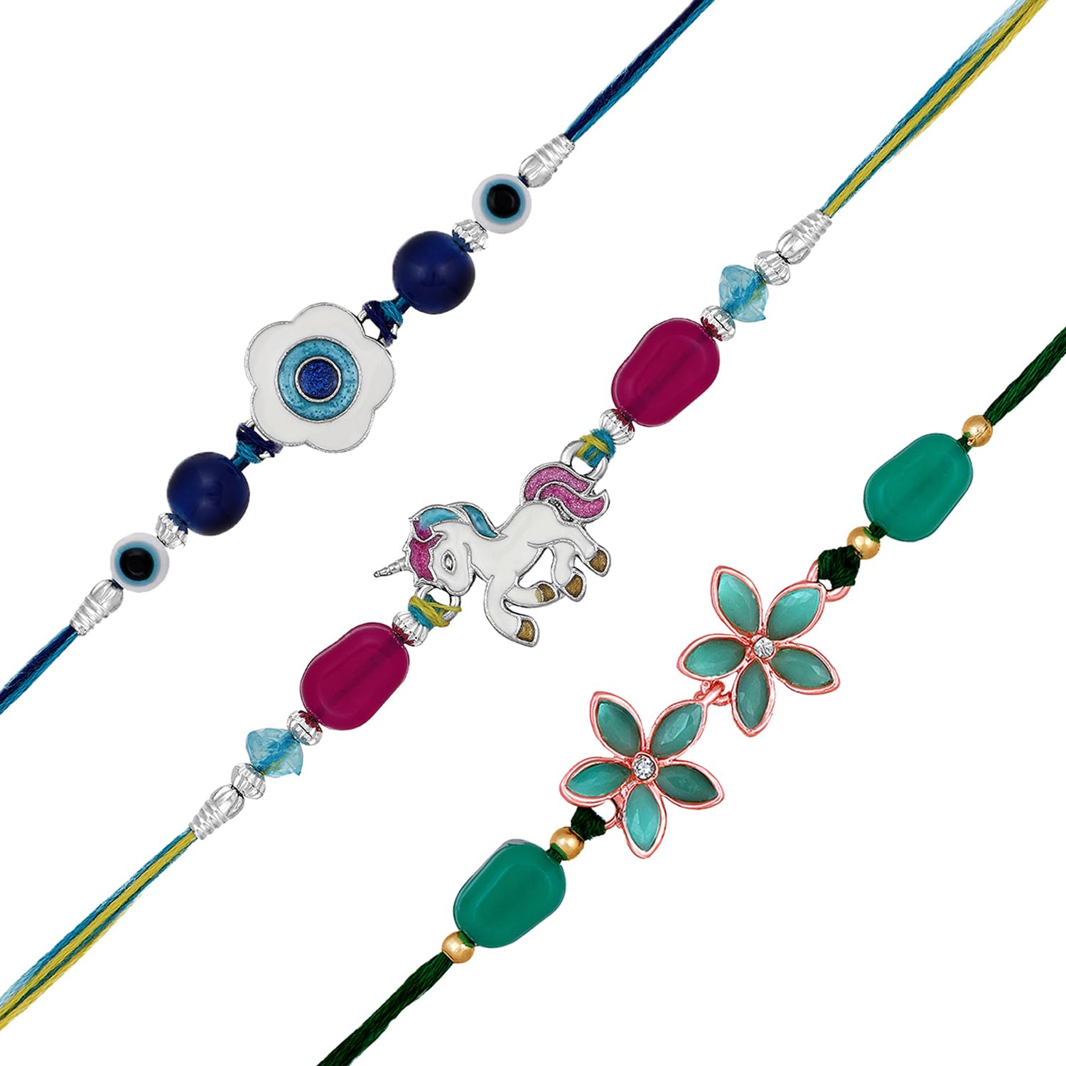 Mahi Combo of Evil Eye, Unicorn Shaped Floral Rakhi's with Meenakari Work and Crystals(RCO1105556M) - Image 2