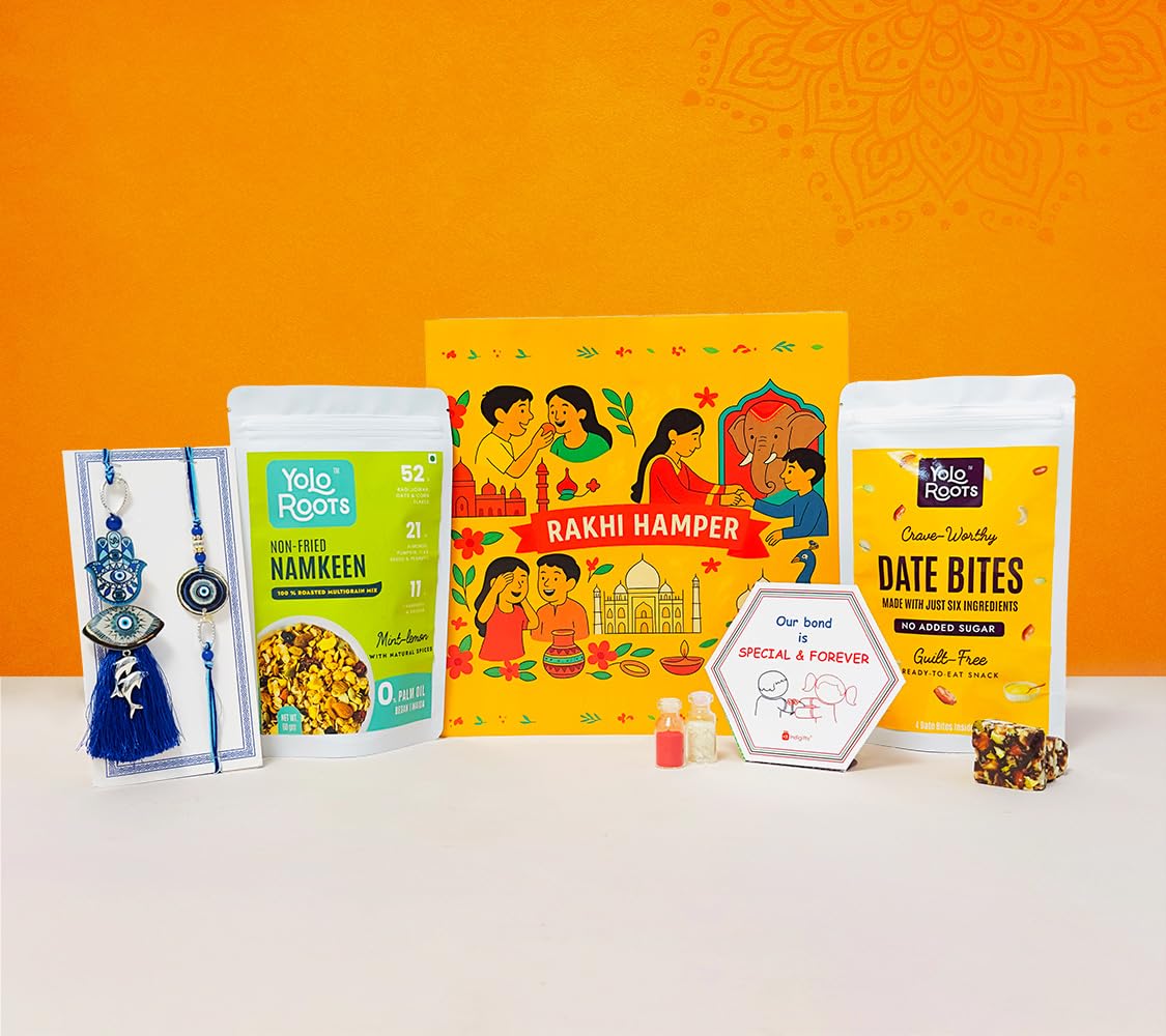 Yolo Roots 6 - Item Rakhi Gift Hamper For Bhayia and Bhabhi - Evil Eye Rakhi & Eval Eye Bracelet & Game Card, Date Bites & Roased Multigrain Namkeen - Image 2