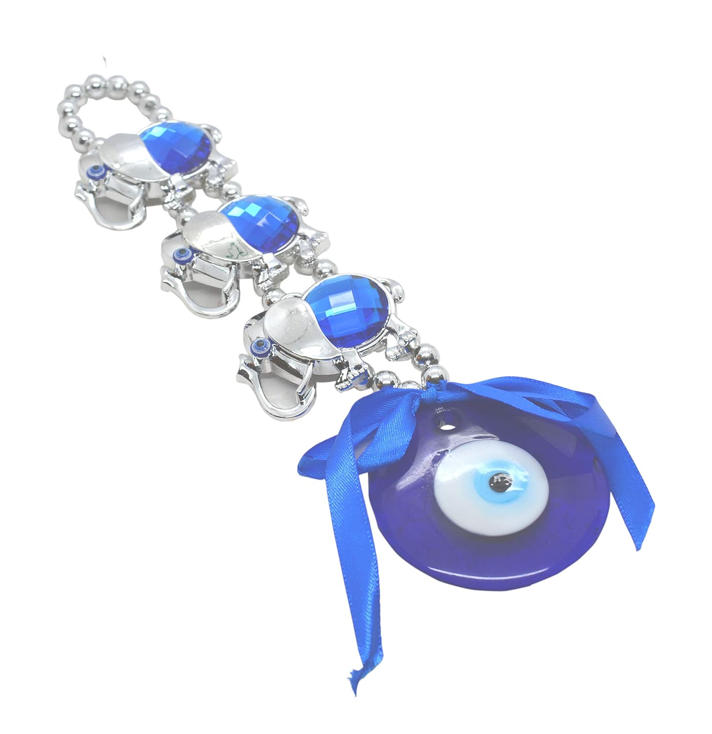 Saubhagya Global Fengshui Set of 1 Blue Three Elephant Evil Eye Hanging for Car & Door/Office, Medium Size, Height-22cm - Image 3