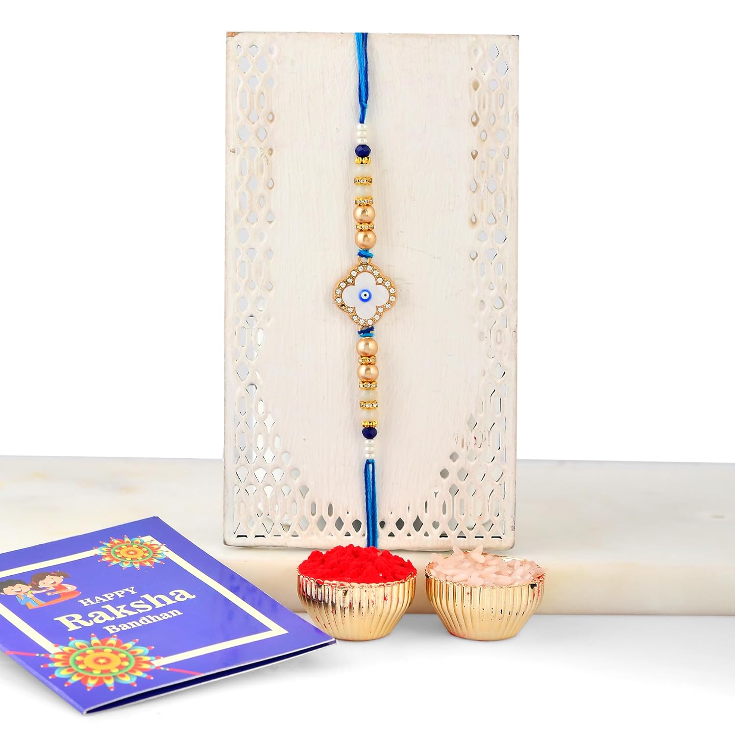 INDI ART Designer Evil Eye Rakhi Set with Blue Beads and Crystals, Pack of 3, Designer Rakhis for Brother - Image 4