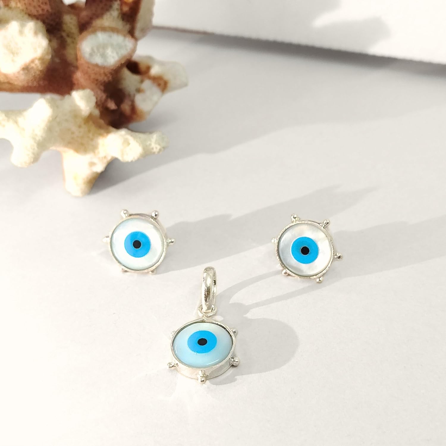 MK Sons Jewels Evil Eye Pendant and Studs Earrings Set for Women & Girls | Protective Charm Jewellery | Mother of Pearl Design | 13mm Size | Lightweight 6.68g | Stylish Wear - Image 5
