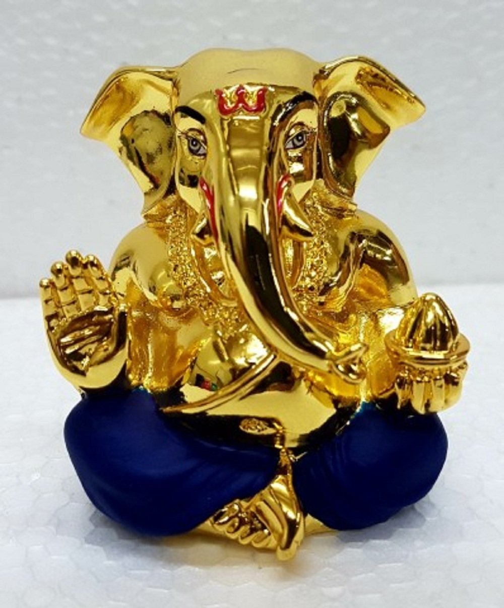 Gold Art India Ganesh Idol for Car Dashboard Ganesha Murti Ganpati Idol for Home Decor Puja Lord Ganesh Statue Gift for Office Desk Puja Room Figurine, 4.5X4X3Cm, Gold Dark Blue, 1 Piece - Image 2