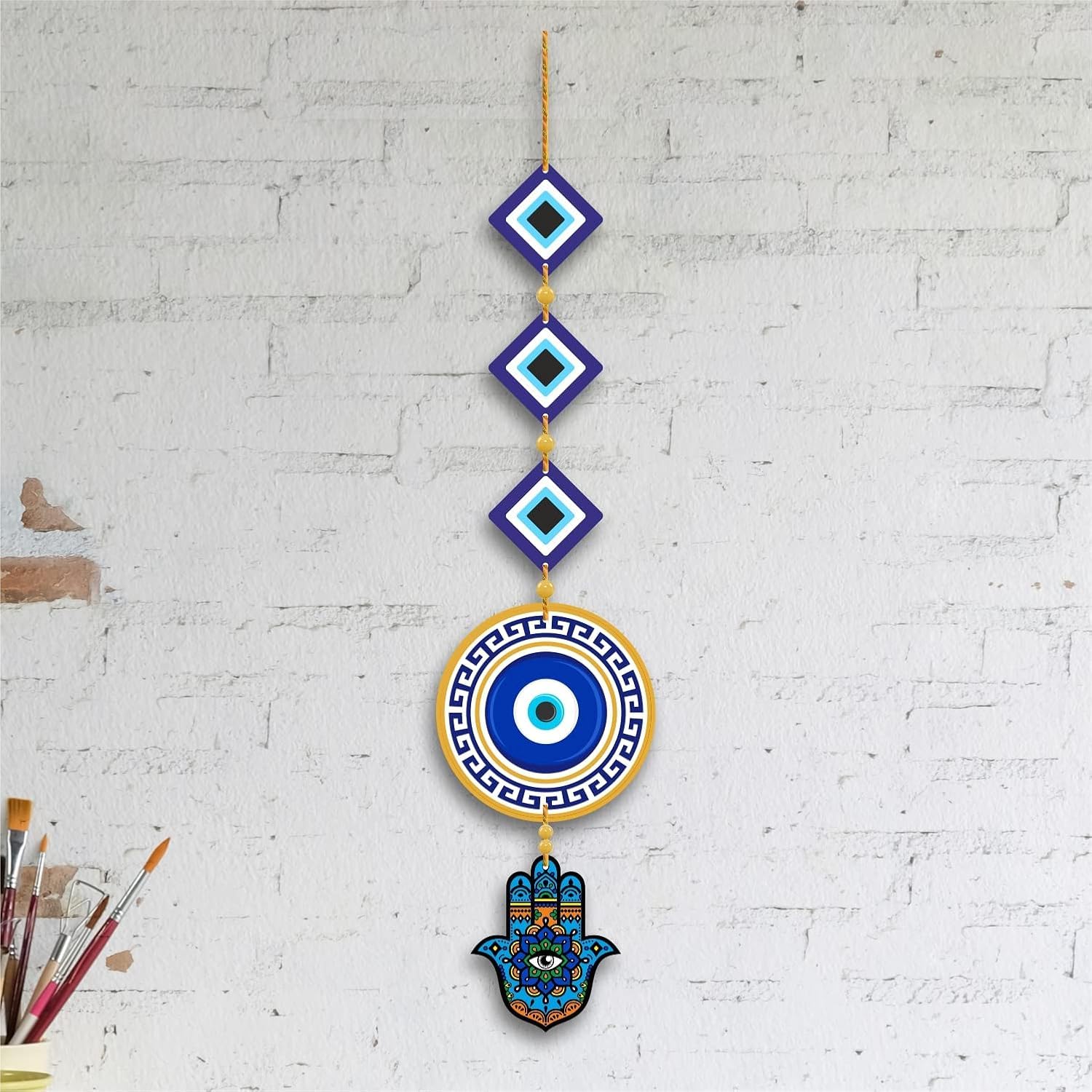 DIYANSH ENTERPRISES Evil Eye Wall Hanging with Hamsa Hand | Nazar Battu Decor for Home Protection | Blue Turkish Evil Eye Decorative Charm for Door, Balcony, Living Room - Image 2