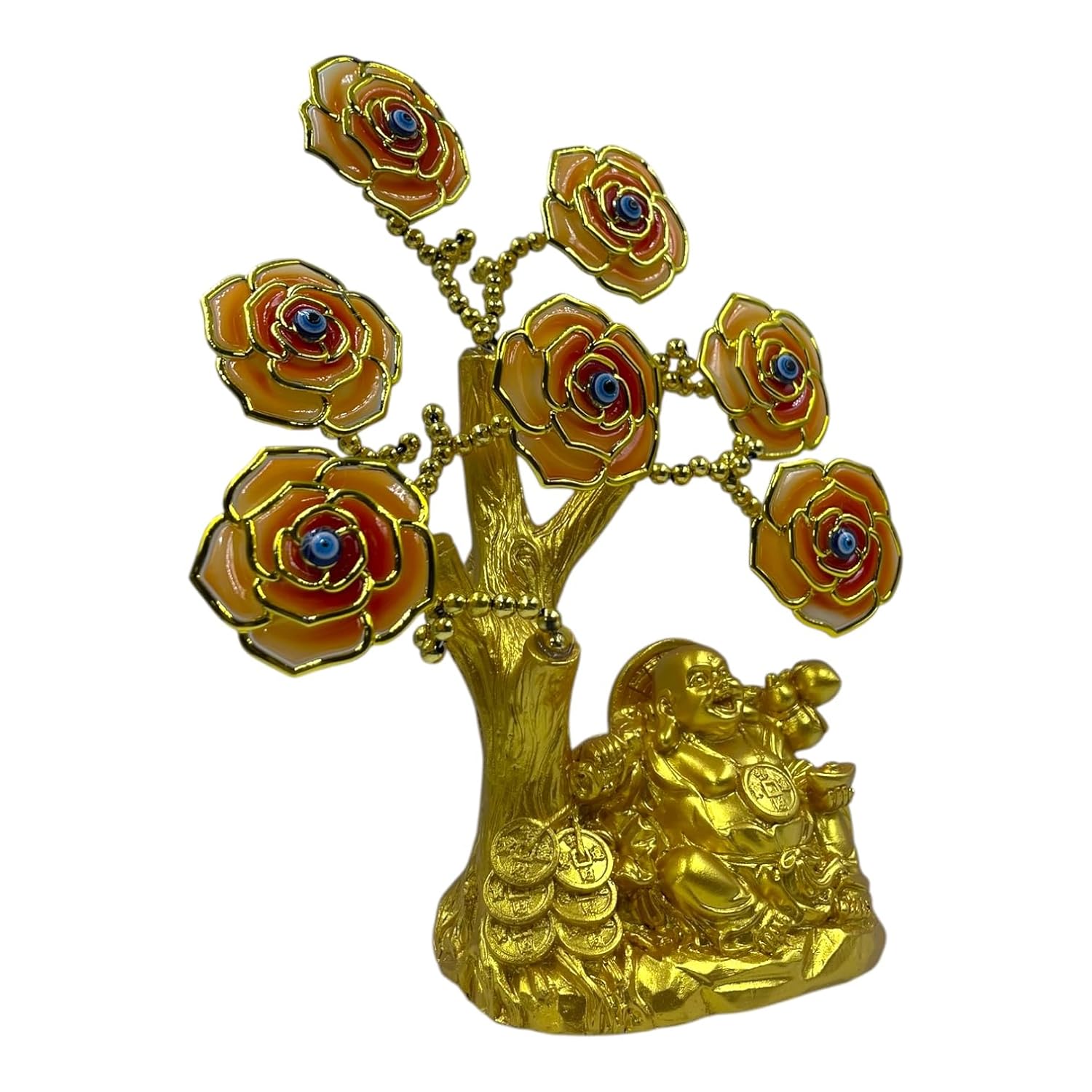 Evil Eye Protection Tree with Laughing Buddha Charm – Home Decor & Good Luck Symbol (Orange Flowers) - Image 3