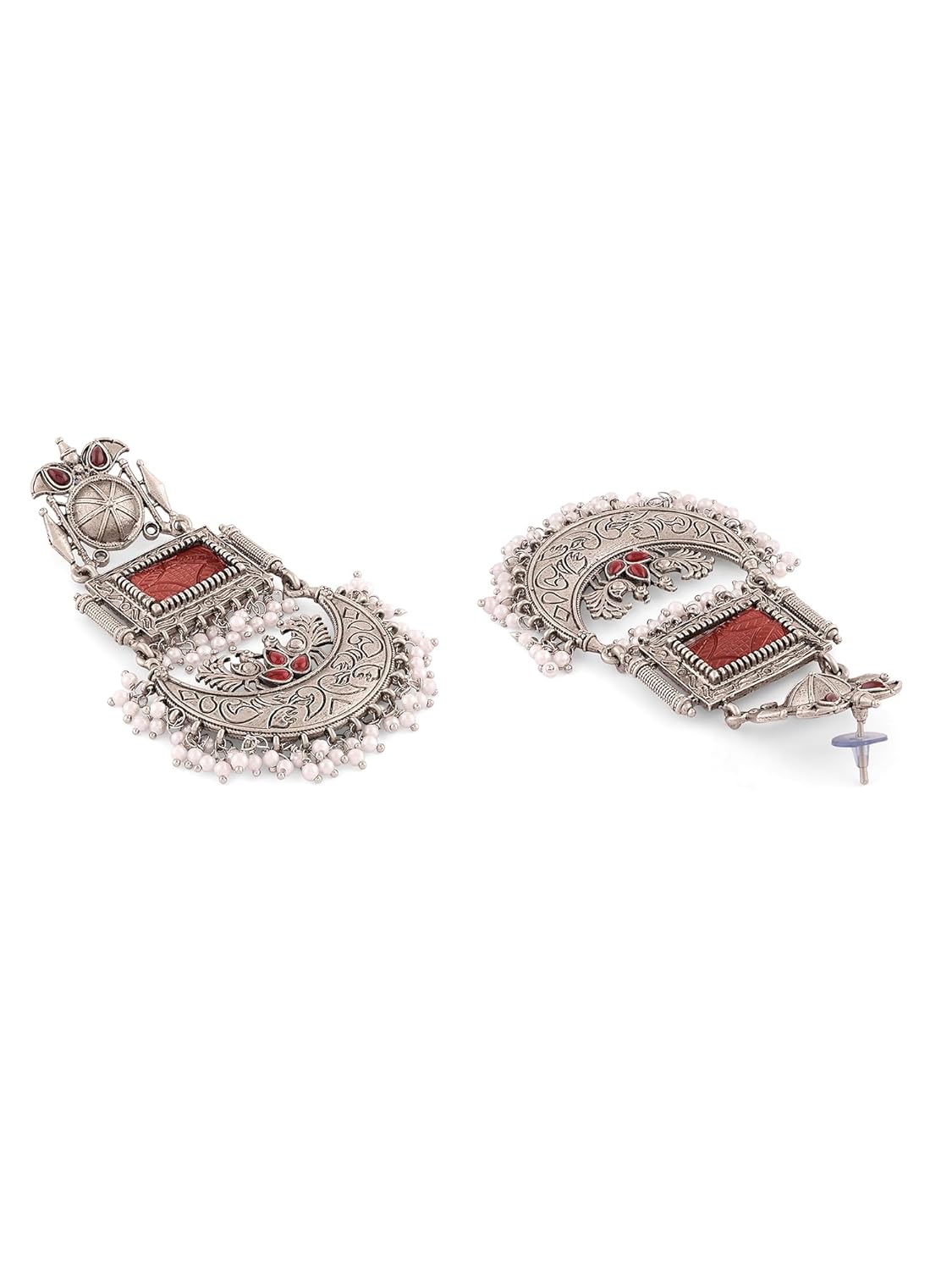 Zaveri Pearls Maroon Silver Oxidised Stones & Beads Traditional Dangle Earring For Women-ZPFK16701 - Image 6