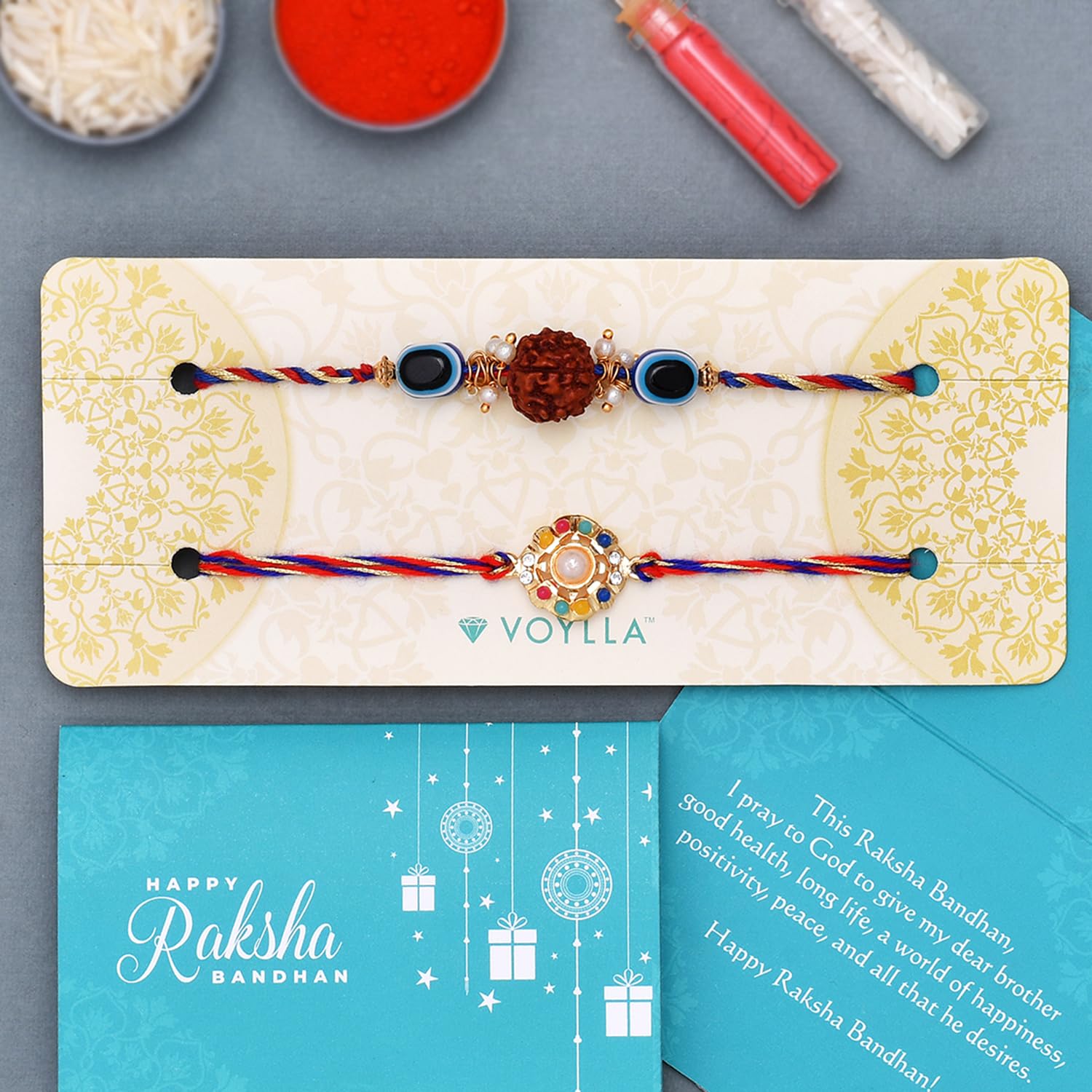 VOYLLA Set Of 2 Colorful Stones And Rudraksha Evil Eye Rakhi|Rakhi For Brother| - Image 4