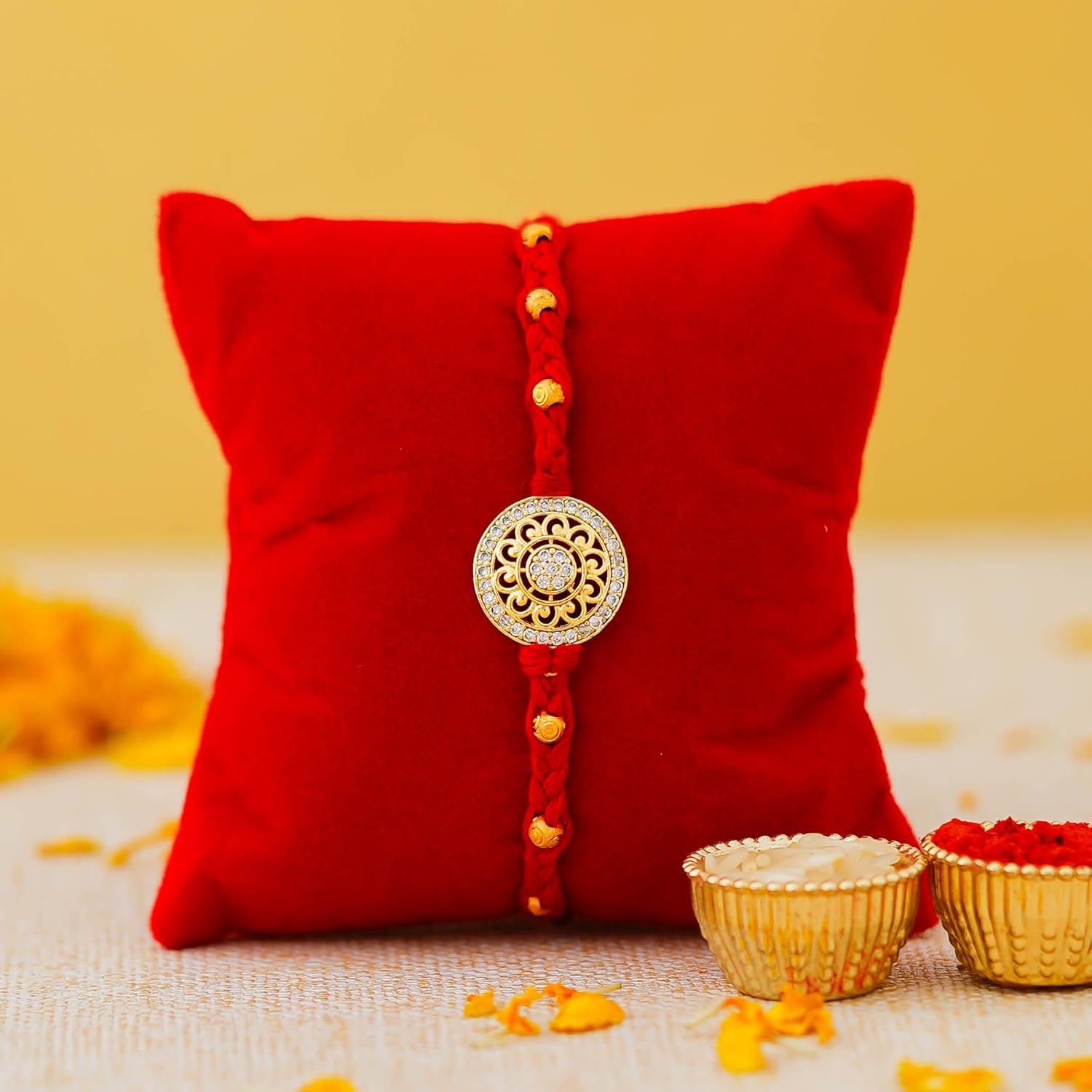 eCraftIndia Floral Diamond Rakhi with Roli Chawal Pack | Rakhi for Brother Bhaiya Bhai Bhabhi Kids - Image 3