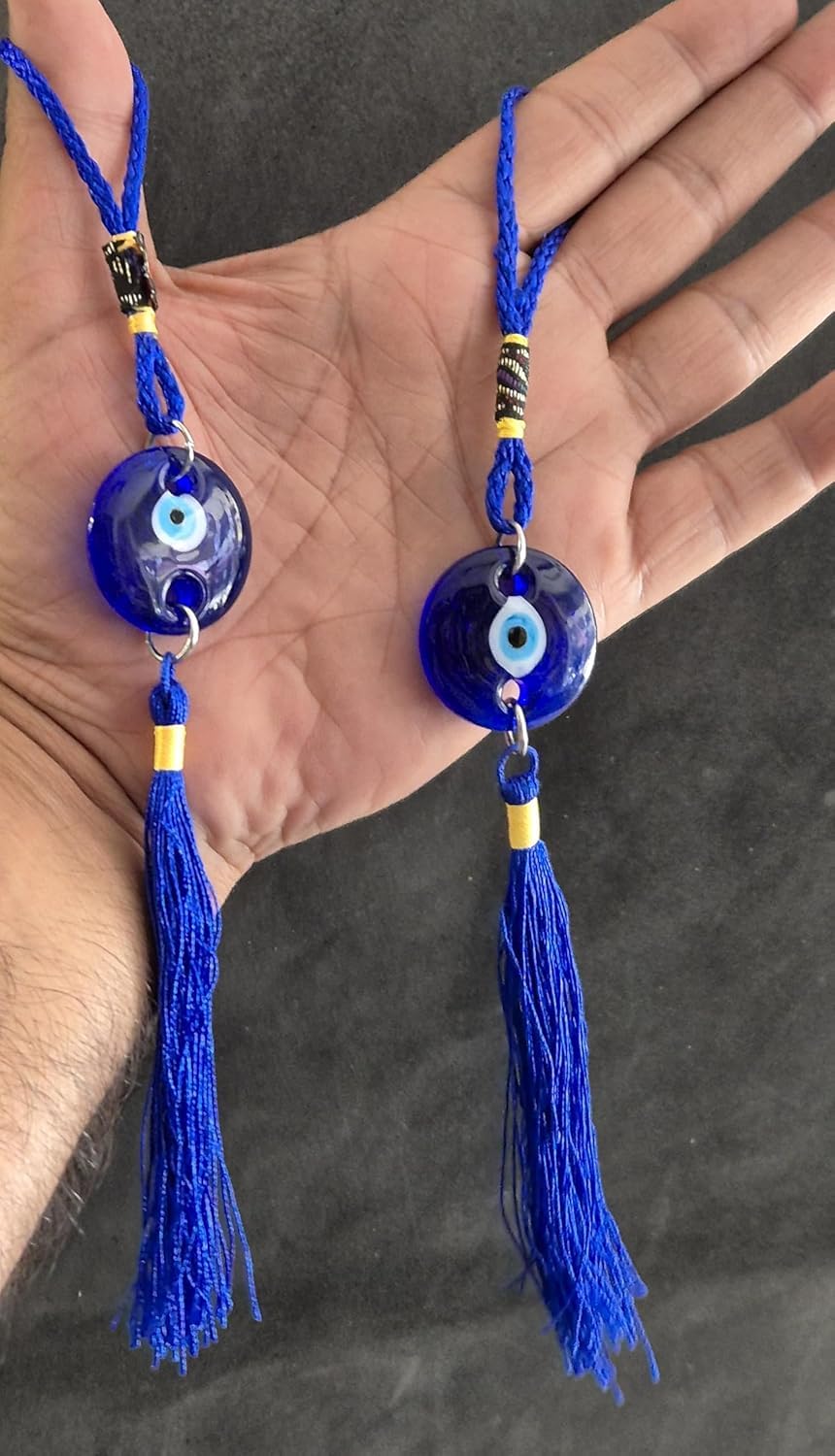 M.F.H OM and Round Small Handcrafted Evil Eye Hanging Protective Home Decor with Blue Nazar Beads, Evil Eye Hanging for Car and Home Enterence, Wall Hanging (2 Round Evil Eye) Combo - Image 3
