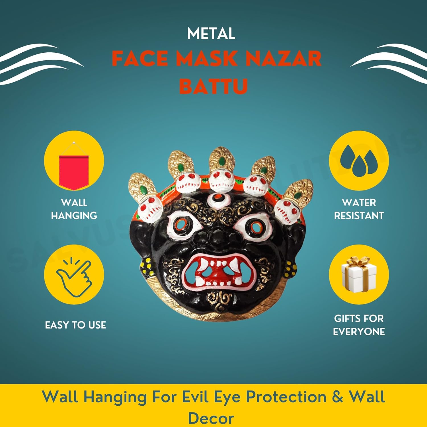 Salvus App SOLUTIONS Metal Nazar Battu Wall Hanging with Mahakal Face Mask - Protection from Evil Eye for Home, Office & Shops (6 INCH) - Image 4