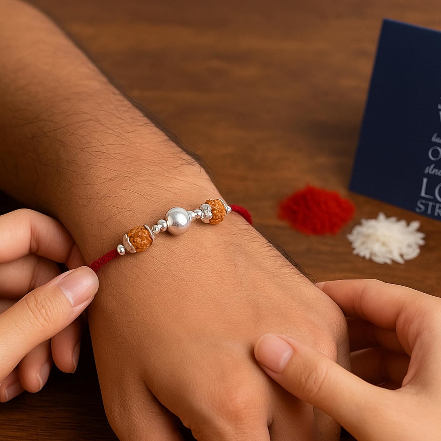 DEVU PARBAT Pure Silver Rakhi for Brother | Handmade Adjustable Rakshabandhan Bracelet with Roli Chawal & Greeting Card | Rakhi Gift for Men - Image 3