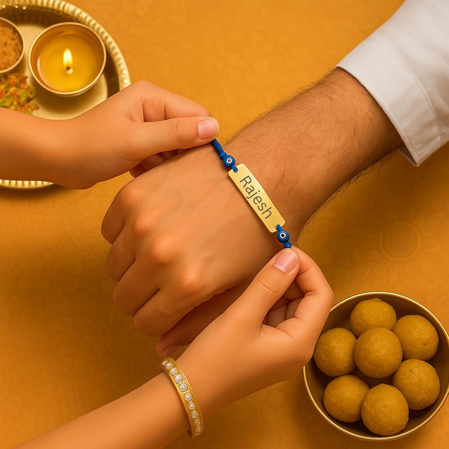 Personalized Name Rakhi Bracelet with Evil Eye Beads, Traditional Raksha Bandhan Gift for Brother, Blue Thread - Image 3