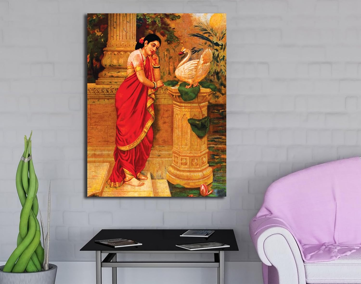 Namaste Home - Canvas Painting - Raja Ravi Varma's Painting - Hamsa Damayanti - Canvas Painting for Home and Office Decoration Wall Painting Without Frame (Cotton Canvas, Small Size 19X15 Inches, Multicolor) - Image 6