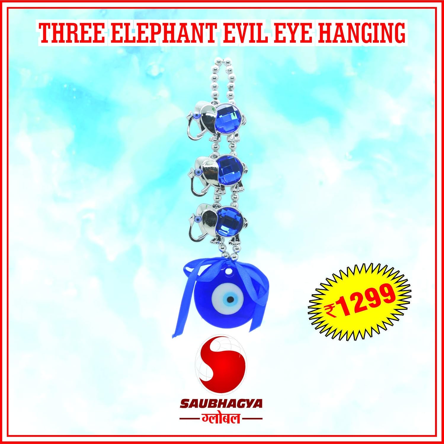 Saubhagya Global Fengshui Set of 1 Blue Three Elephant Evil Eye Hanging for Car & Door/Office, Medium Size, Height-22cm - Image 8