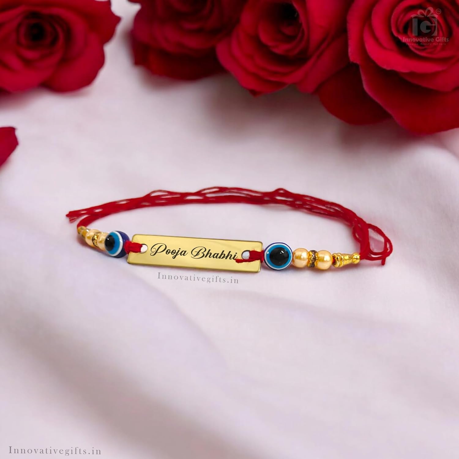 Innovative Gifts Personalized Red Evil Eye Rakhi with Name & Roli Chawal | Customized Rakhi for Brother | Engraved Name for Bhaiya | Raksha Bandhan Gift for Boys & Girls - Image 3