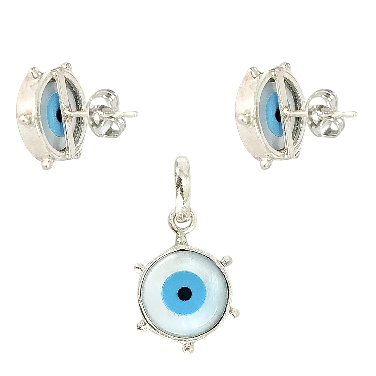 MK Sons Jewels Evil Eye Pendant and Studs Earrings Set for Women & Girls | Protective Charm Jewellery | Mother of Pearl Design | 13mm Size | Lightweight 6.68g | Stylish Wear - Image 2